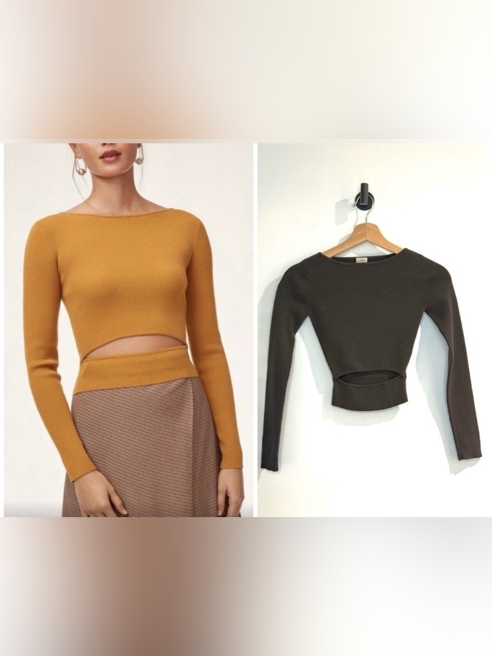 Aritzia Wilfred Yacine Long Sleeve Black Ribbed Knit Sweater Dark Brown